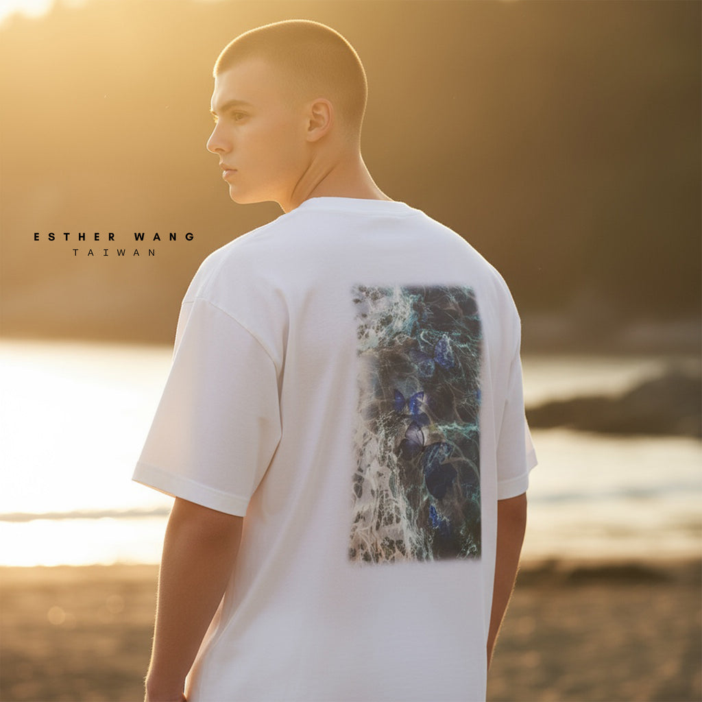 【Esther Wang】 EW 圓領精品刺繡印刷厚磅純精梳棉 T恤_白色＿男女同款